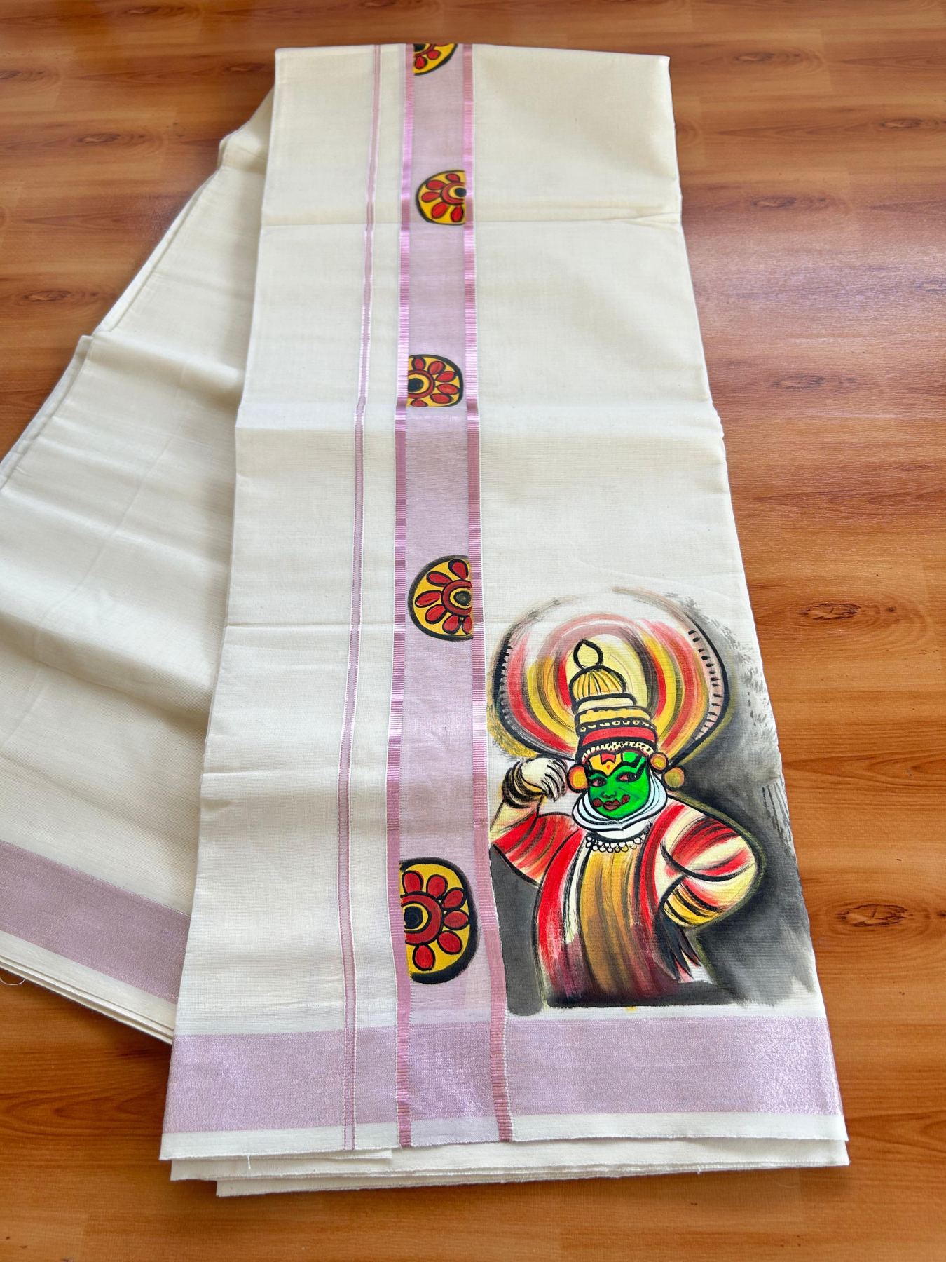 Double Off White (Unbleached) Mundu/Dhoti - 20% Discount!! KaithariKada Pure Cotton (80s) - 1.75 inch Rose Pink Kasav Kara with Flower & Kathakali Mural Painting 3.90 mtr (8.5 Muzham) - 32 KK5487 CKS