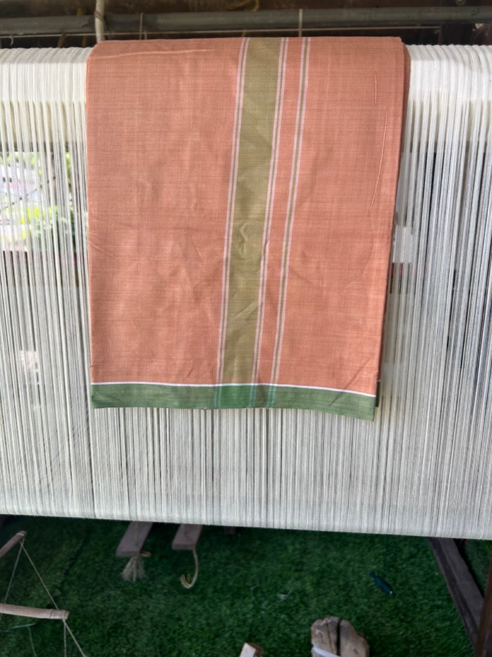 16% DISCOUNT ! KaithariKada Kalamachal 100% Pure Cotton - (80X80) Twisted Thread Handloom Single Mundu/Dhoti - KAVI  BODY & Light Green STRIPES 2.25inch Kara- 5KK479KAL