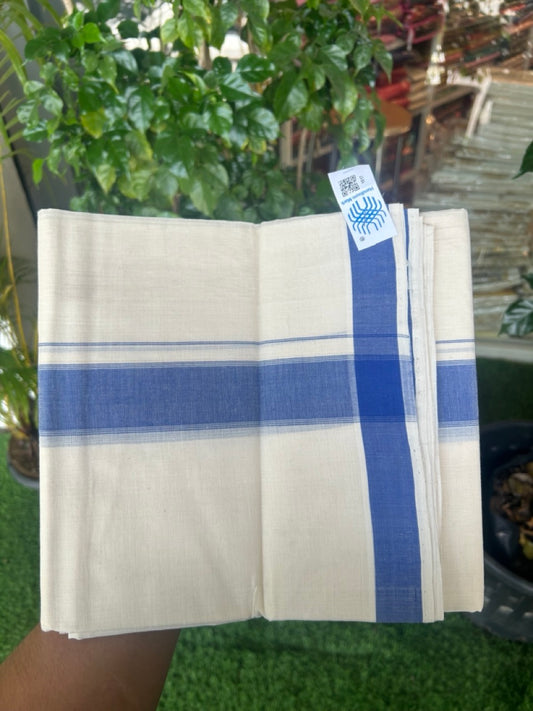 25% Discount KaithariKada HANDLOOM Unakkupaav Balaramapuram - 100% PURE Cotton off white (Unbleached) Double Mundu/Dhoti - 80X90 - 1.75 inch Blue Stripes Kara 3.80 mtr - 5KK5192ELA