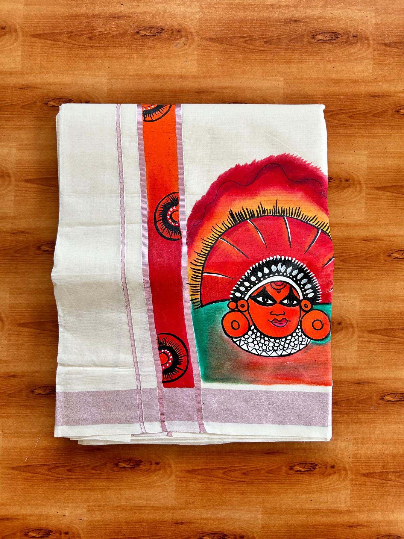 Double Off White (Unbleached) Mundu/Dhoti - 20% Discount!! KaithariKada Pure Cotton (80s) - 1.75 inch Rose Pink Kasav Kara with Theyyam Mural Painting 3.90 mtr (8.5 Muzham) - 34 KK5487 CKS
