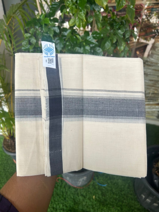25% Discount KaithariKada HANDLOOM Unakkupaav Balaramapuram - 100% PURE Cotton off white (Unbleached) Double Mundu/Dhoti - 80X90 - 1.75 inch Black Stripes Kara 3.80 mtr - 3KK5192ELA