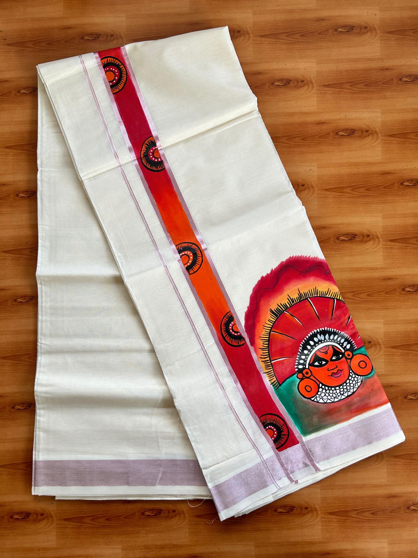 Double Off White (Unbleached) Mundu/Dhoti - 20% Discount!! KaithariKada Pure Cotton (80s) - 1.75 inch Rose Pink Kasav Kara with Theyyam Mural Painting 3.90 mtr (8.5 Muzham) - 34 KK5487 CKS