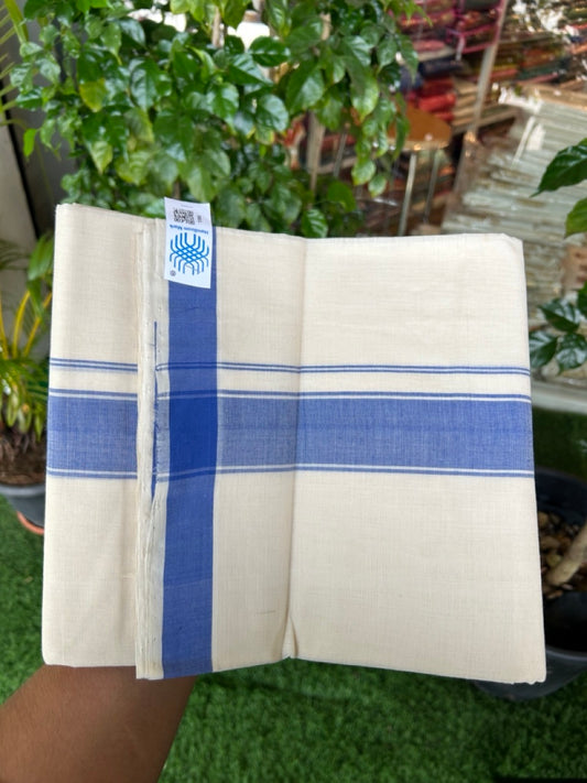 25% Discount KaithariKada HANDLOOM Unakkupaav Balaramapuram - 100% PURE Cotton off white (Unbleached) Double Mundu/Dhoti - 80X90 - 2 inch Blue Stripes Kara 3.80 mtr - 16KK5192ELA