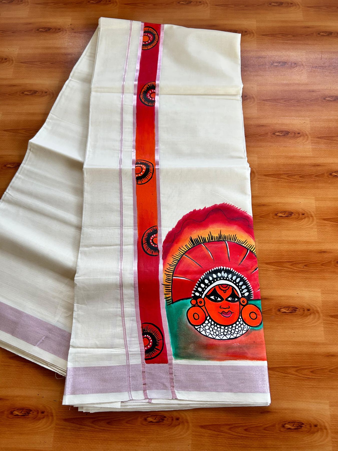 Double Off White (Unbleached) Mundu/Dhoti - 20% Discount!! KaithariKada Pure Cotton (80s) - 1.75 inch Rose Pink Kasav Kara with Theyyam Mural Painting 3.90 mtr (8.5 Muzham) - 34 KK5487 CKS
