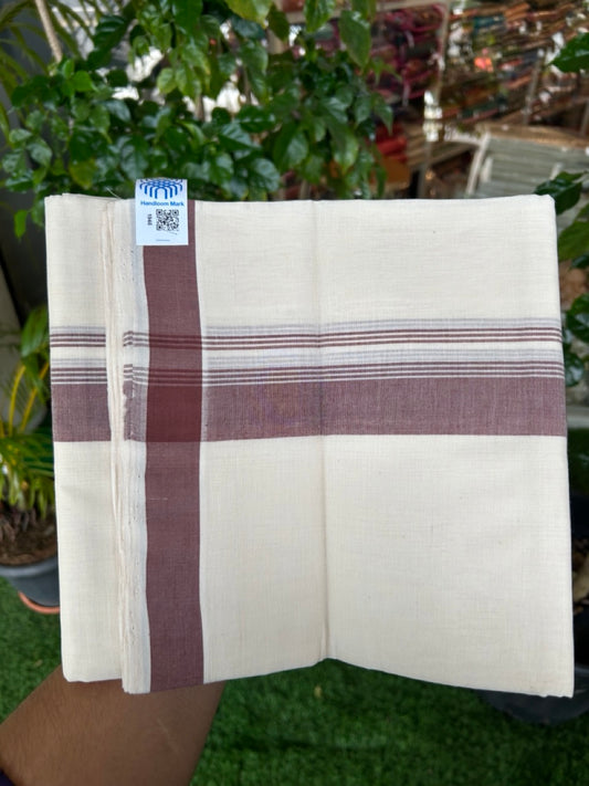 25% Discount KaithariKada HANDLOOM Unakkupaav Balaramapuram - 100% PURE Cotton off white (Unbleached) Double Mundu/Dhoti - 80X90 - 1.25 inch Light Brown side Stripes Kara 3.80 mtr - 11KK5192ELA
