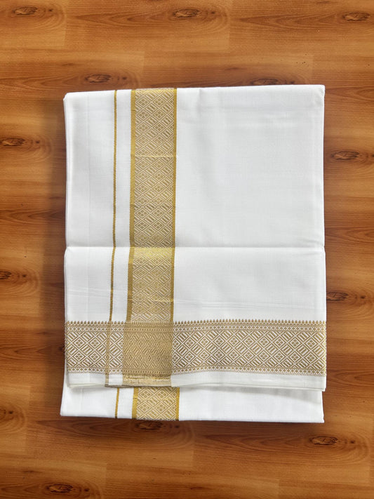 Single Pure White Mundu/Dhoti - 20% Discount!! Kaitharikada Balaramapuram Pure Cotton - 40s - 1.75 inch Gold Kasav Jacquard Design Kara 2 mtr (4 muzham) - 25 KK5405 GAN