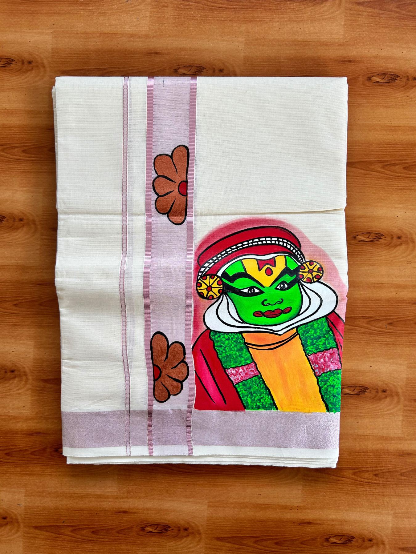 Double Off White (Unbleached) Mundu/Dhoti - 20% Discount!! KaithariKada Pure Cotton (80s) - 1.75 inch Rose Pink Kasav Kara with Flower & Kathakali Mural Painting 3.90 mtr (8.5 Muzham) - 33 KK5487 CKS