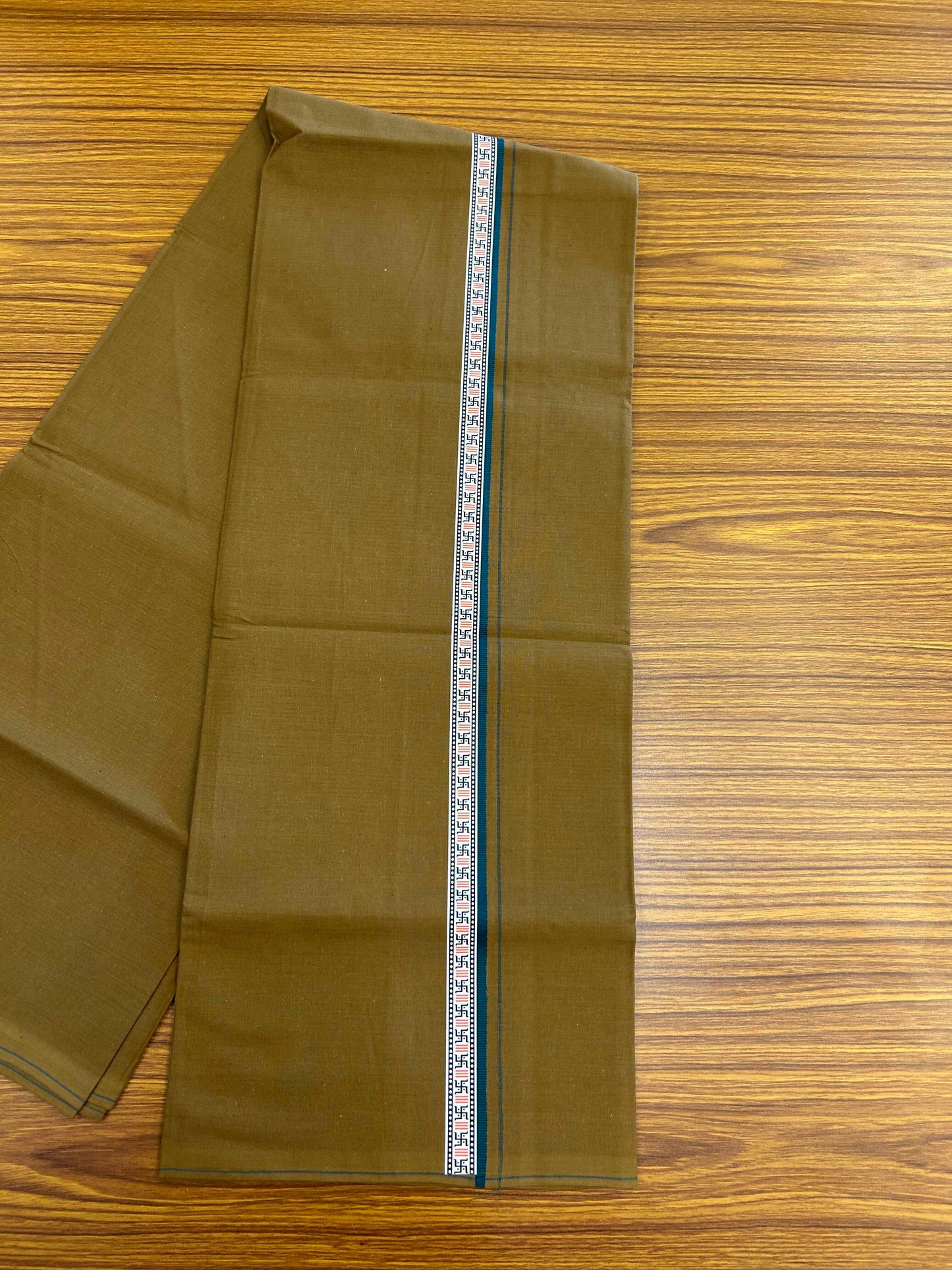 39% Discount! Kaitharikada - Pure Cotton - Single Kaily / Lungi - (60s) - 1 inch Peacock Blue & Multi colour Pattern Printed Kambi kara with Brown colour body (2 meter / 4 muzham) - 11 KK8043 GAN