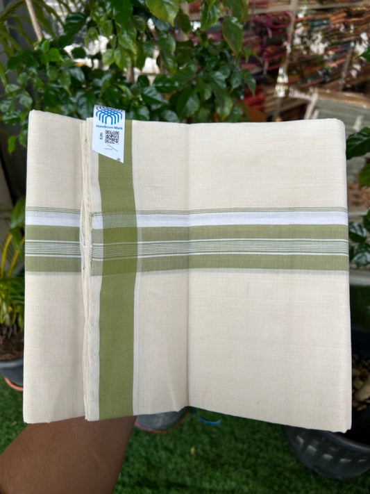 25% Discount KaithariKada HANDLOOM Unakkupaav Balaramapuram - 100% PURE Cotton off white (Unbleached) Double Mundu/Dhoti - 80X90 - 1.25 inch Light Green Center Stripes Kara 3.80 mtr - 15KK5192ELA