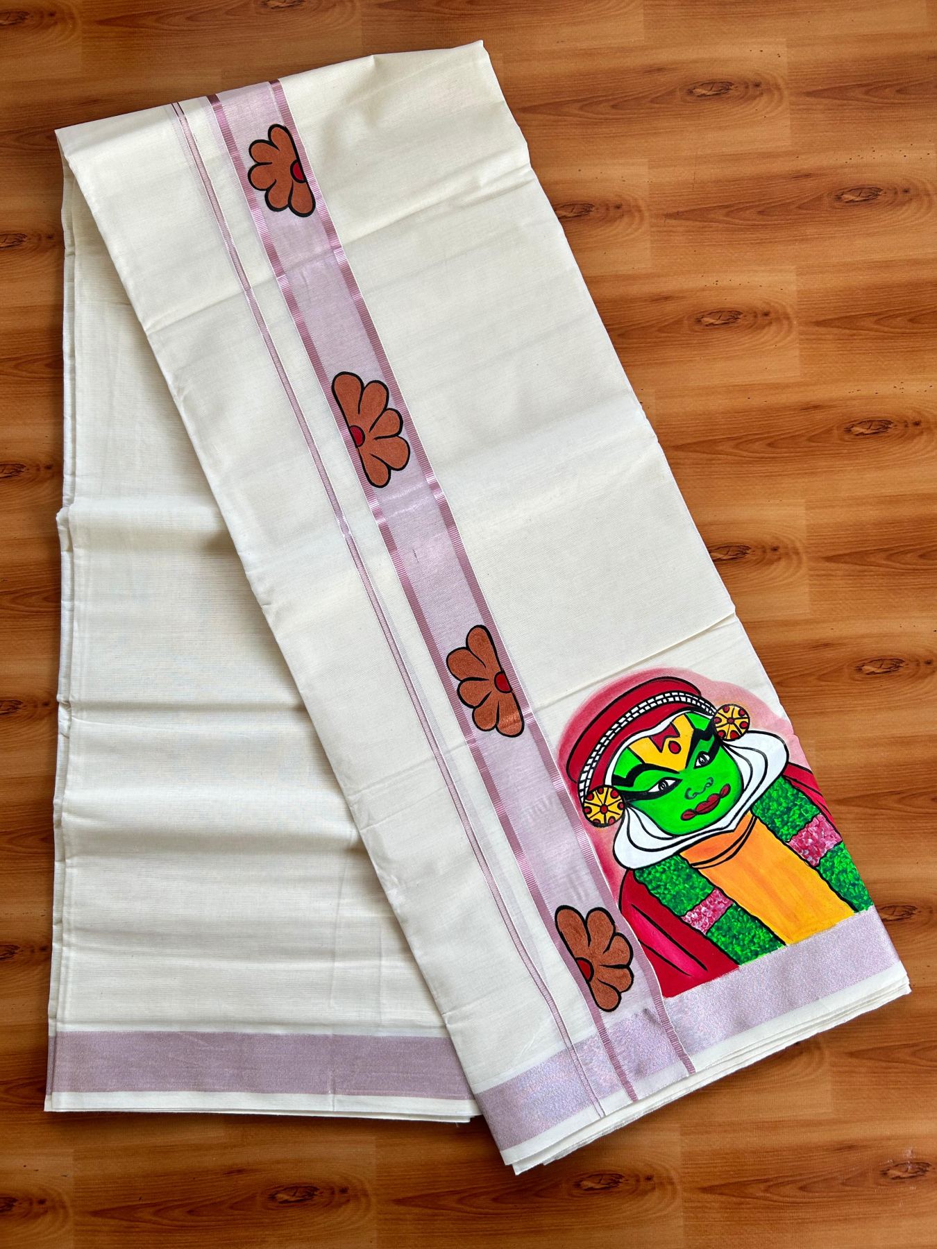 Double Off White (Unbleached) Mundu/Dhoti - 20% Discount!! KaithariKada Pure Cotton (80s) - 1.75 inch Rose Pink Kasav Kara with Flower & Kathakali Mural Painting 3.90 mtr (8.5 Muzham) - 33 KK5487 CKS