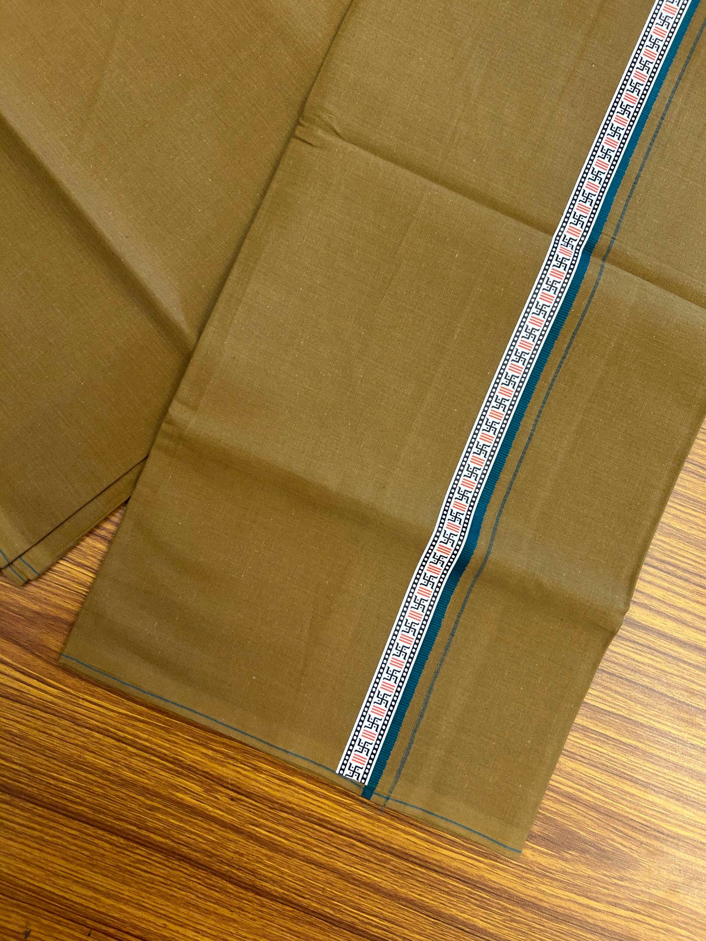 39% Discount! Kaitharikada - Pure Cotton - Single Kaily / Lungi - (60s) - 1 inch Peacock Blue & Multi colour Pattern Printed Kambi kara with Brown colour body (2 meter / 4 muzham) - 11 KK8043 GAN