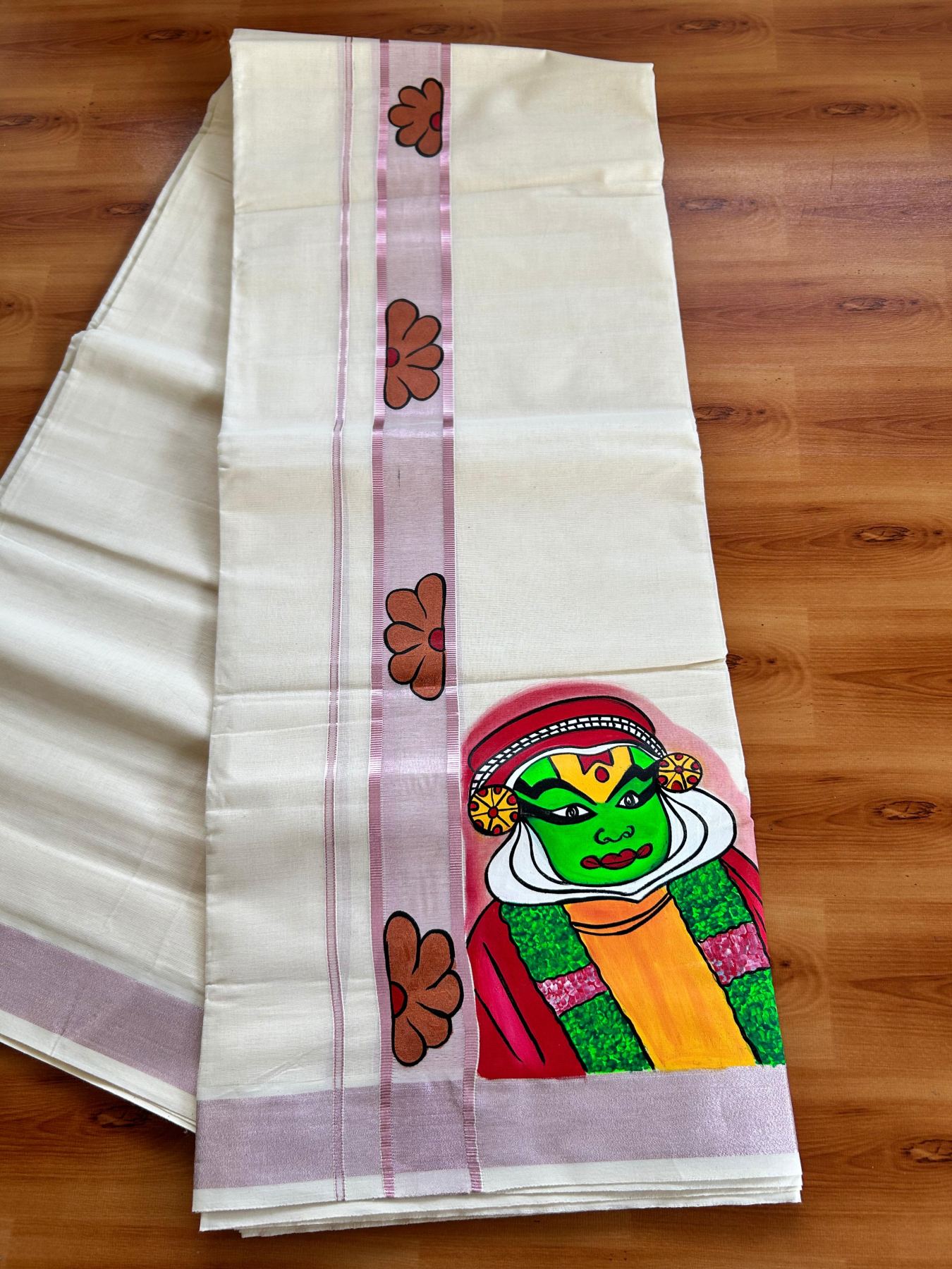 Double Off White (Unbleached) Mundu/Dhoti - 20% Discount!! KaithariKada Pure Cotton (80s) - 1.75 inch Rose Pink Kasav Kara with Flower & Kathakali Mural Painting 3.90 mtr (8.5 Muzham) - 33 KK5487 CKS