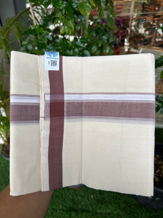25% Discount KaithariKada HANDLOOM Unakkupaav Balaramapuram - 100% PURE Cotton off white (Unbleached) Double Mundu/Dhoti - 80X90 - 1.25 inch Brown Stripes Kara 3.80 mtr  - 1KK5192ELA