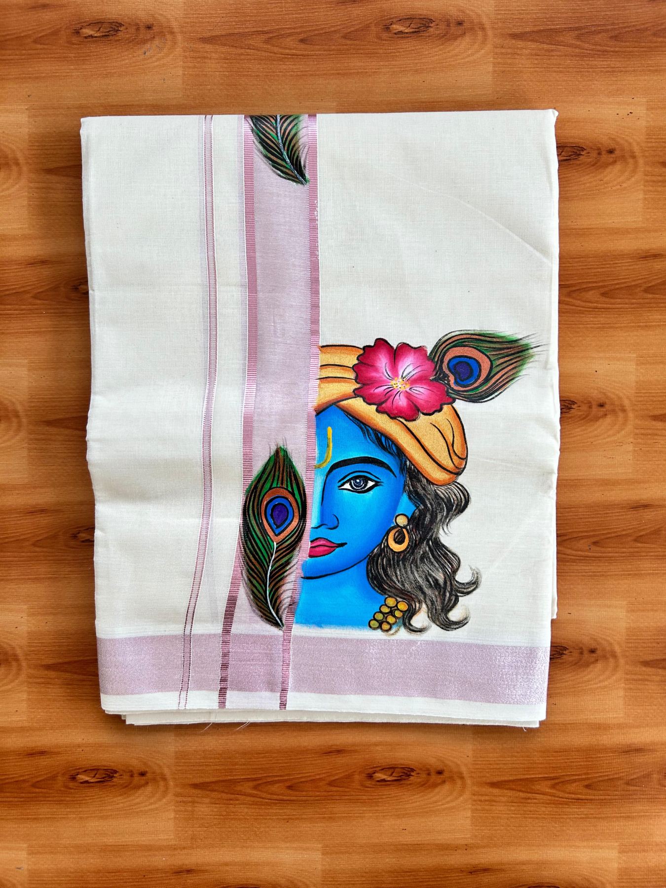 Double Off White (Unbleached) Mundu/Dhoti - 20% Discount!! KaithariKada Pure Cotton (80s) - 1.5 inch Rose Pink Kasav Kara with Peacock Feather & Lord Krishna Mural Painting 3.90 mtr (8.5 Muzham) - 31 KK5487 CKS