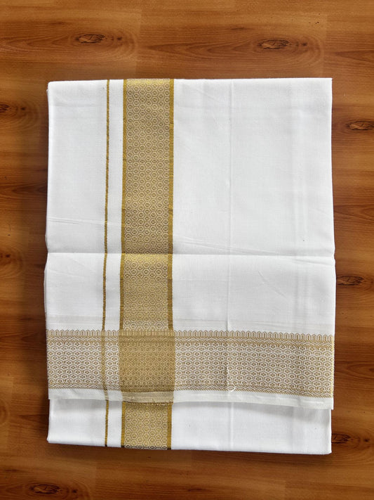 Single Pure White Mundu/Dhoti - 20% Discount!! Kaitharikada Balaramapuram Pure Cotton - 40s - 1.75 inch Gold Kasav Jacquard Design Kara 2 mtr (4 muzham) - 21 KK5405 GAN