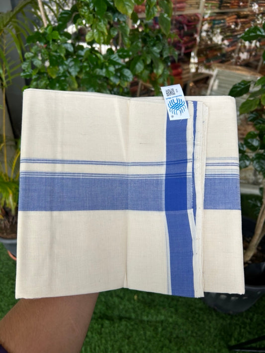 25% Discount KaithariKada HANDLOOM Unakkupaav Balaramapuram - 100% PURE Cotton off white (Unbleached) Double Mundu/Dhoti - 80X90 - 1.75 inch Blue Side Stripes Kara 3.80 mtr - 18KK5192ELA