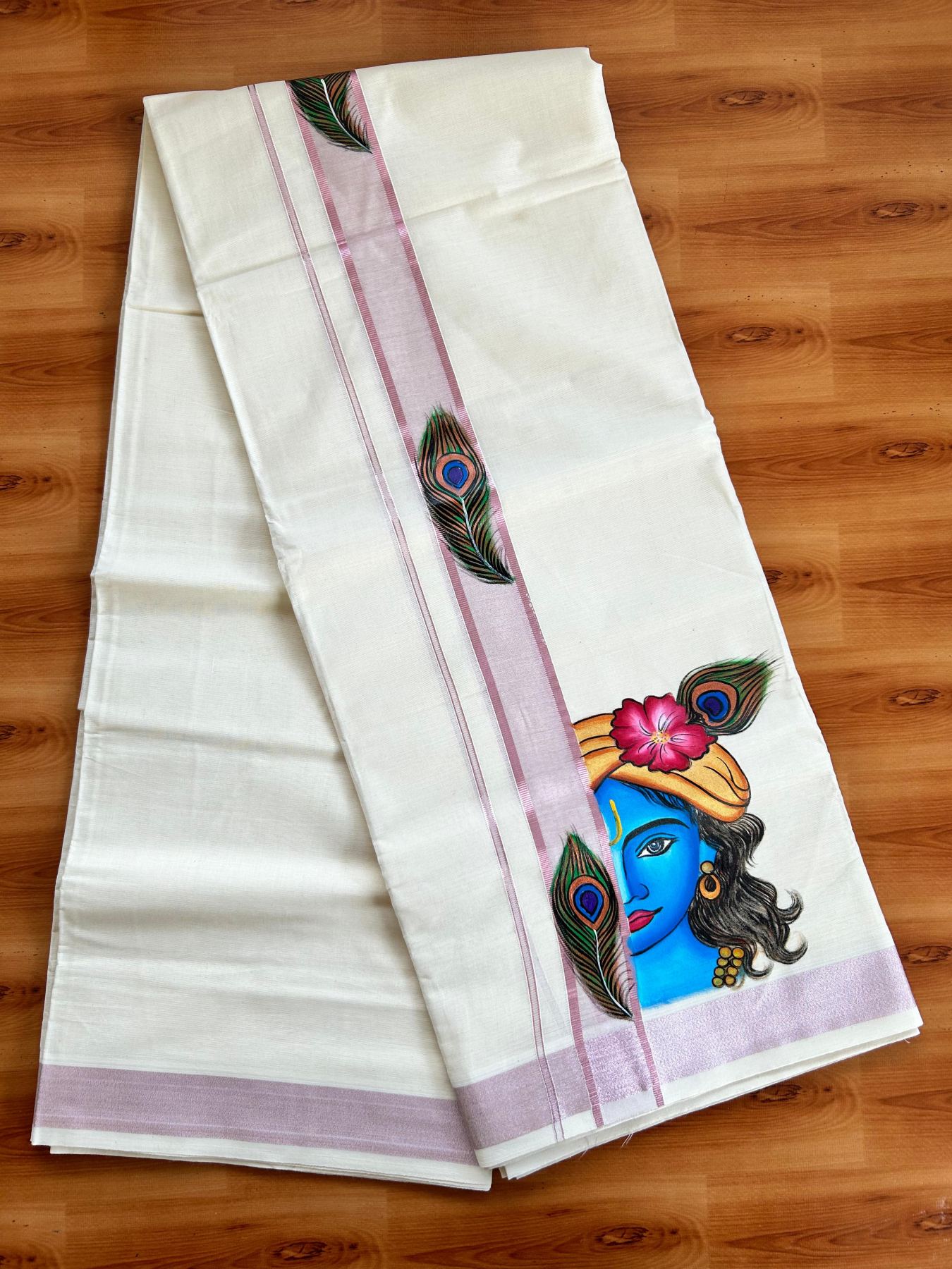 Double Off White (Unbleached) Mundu/Dhoti - 20% Discount!! KaithariKada Pure Cotton (80s) - 1.5 inch Rose Pink Kasav Kara with Peacock Feather & Lord Krishna Mural Painting 3.90 mtr (8.5 Muzham) - 31 KK5487 CKS