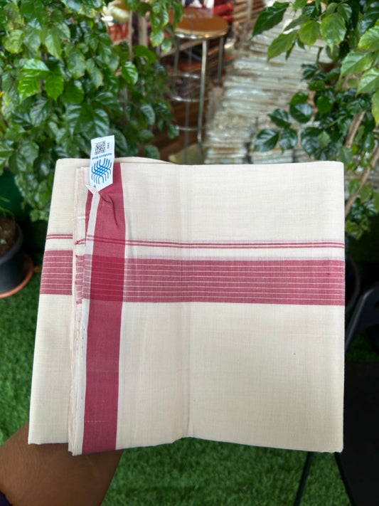 25% Discount KaithariKada HANDLOOM Unakkupaav Balaramapuram - 100% PURE Cotton off white (Unbleached) Double Mundu/Dhoti - 80X90 - 1.5 inch Fire Brick Red Stripes Kara 3.80 mtr - 17KK5192ELA