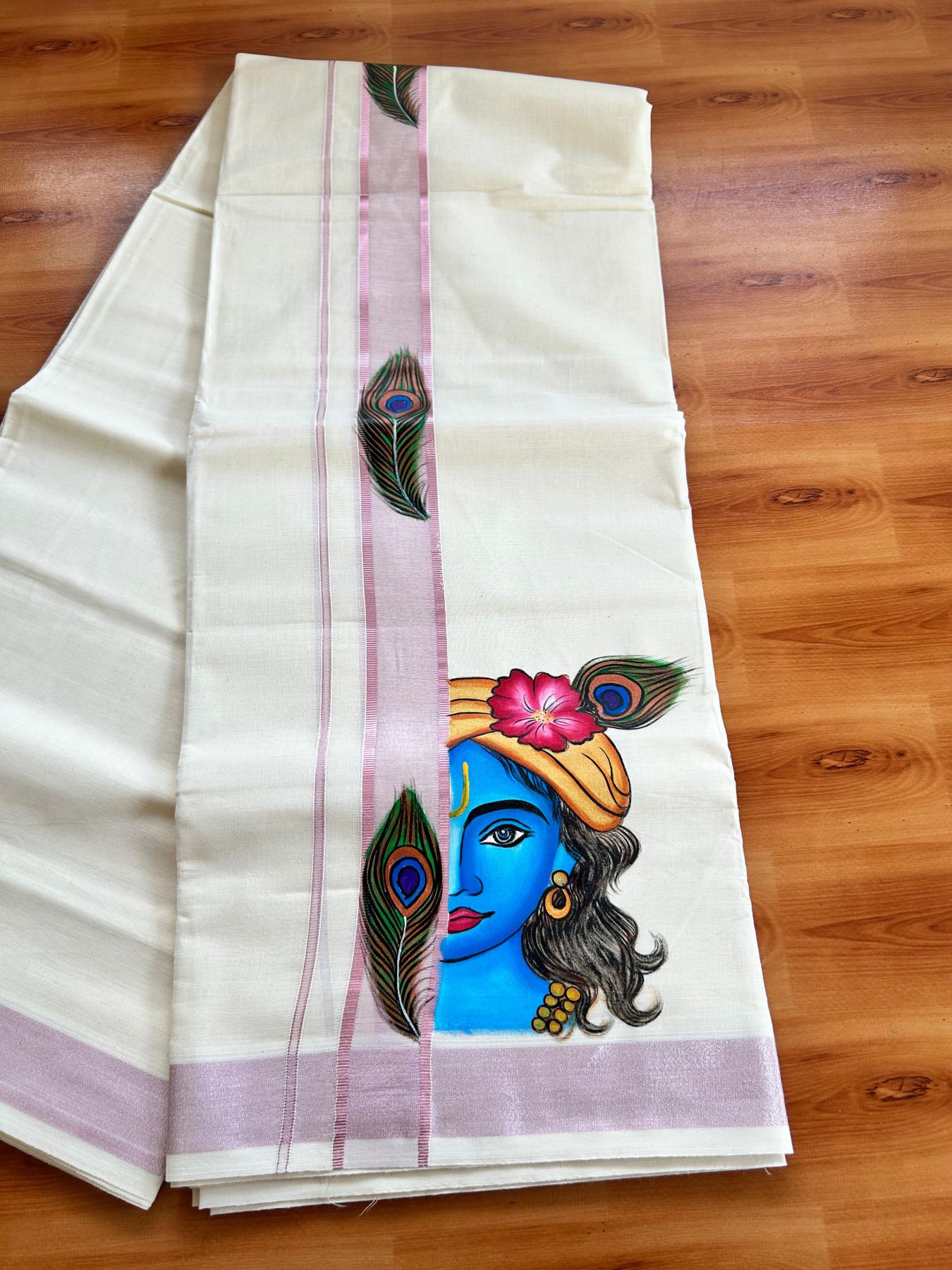 Double Off White (Unbleached) Mundu/Dhoti - 20% Discount!! KaithariKada Pure Cotton (80s) - 1.5 inch Rose Pink Kasav Kara with Peacock Feather & Lord Krishna Mural Painting 3.90 mtr (8.5 Muzham) - 31 KK5487 CKS