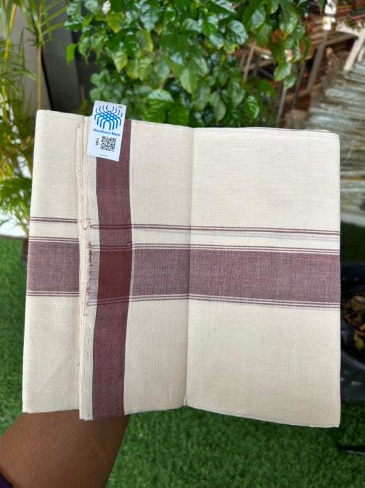 25% Discount KaithariKada HANDLOOM Unakkupaav Balaramapuram - 100% PURE Cotton off white (Unbleached) Double Mundu/Dhoti - 80X90 - 2 inch Brown Stripes Kara 3.80 mtr - 8KK5192ELA