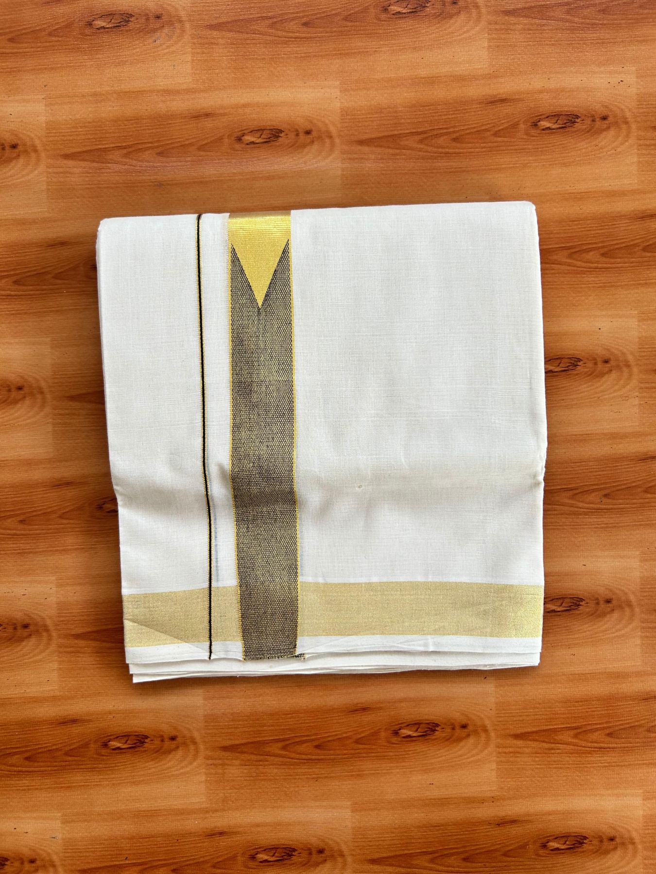 Double Off White (Unbleached) Mundu/Dhoti - 25% Discount!! KaithariKada Kerala Handloom Unakkupaav - 100% Pure Cotton - 100x80 - 1.25 Inch Gold Kasav Black Chutty Kara - 1 KK5491 ABH