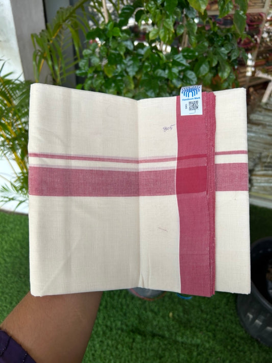 25% Discount KaithariKada HANDLOOM Unakkupaav Balaramapuram - 100% PURE Cotton off white (Unbleached) Double Mundu/Dhoti - 80X90 - 1.25 inch Fire Brick Red Shaded Kara 3.80 mtr - 7KK5192ELA