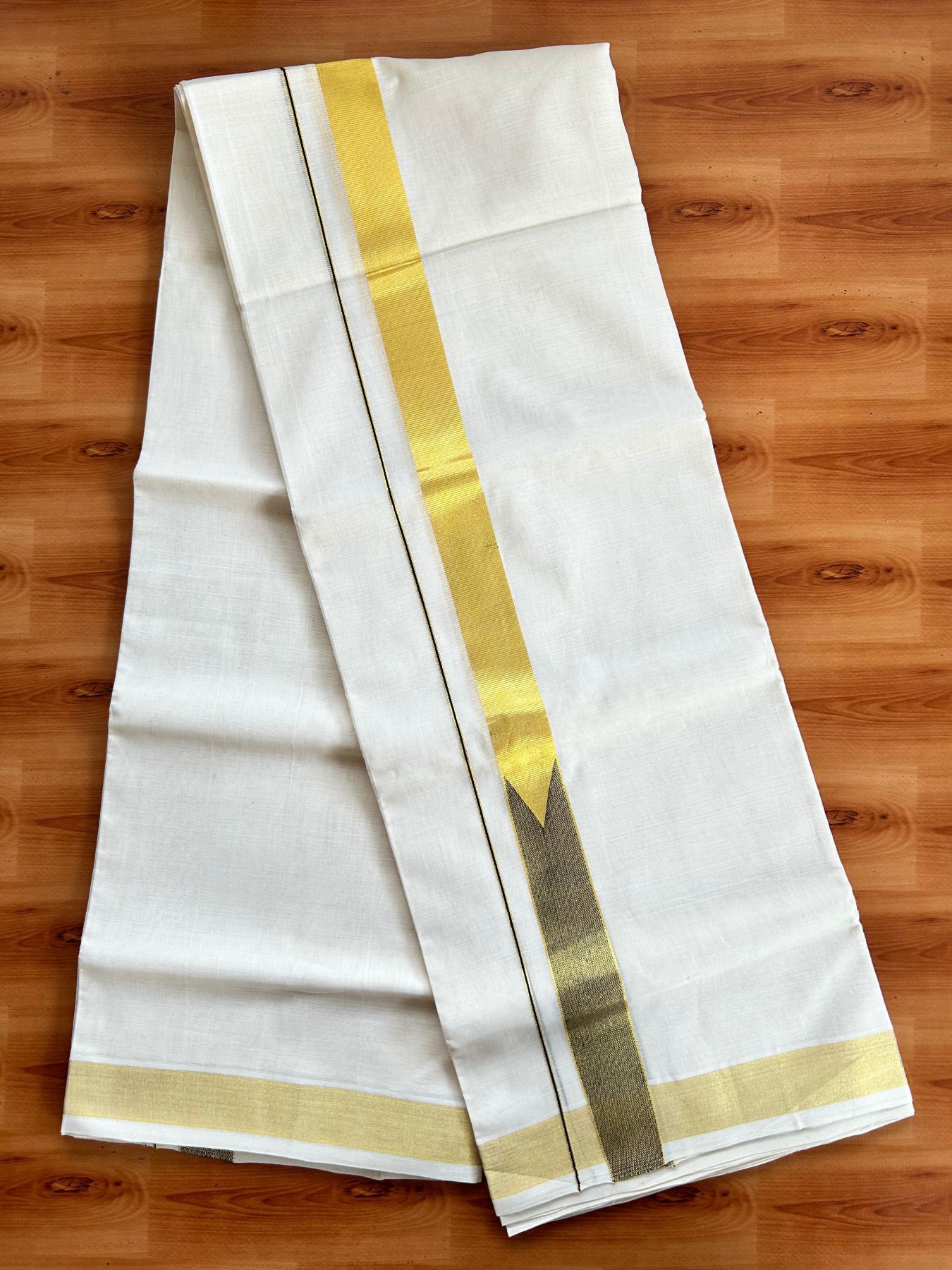 Double Off White (Unbleached) Mundu/Dhoti - 25% Discount!! KaithariKada Kerala Handloom Unakkupaav - 100% Pure Cotton - 100x80 - 1.25 Inch Gold Kasav Black Chutty Kara - 1 KK5491 ABH