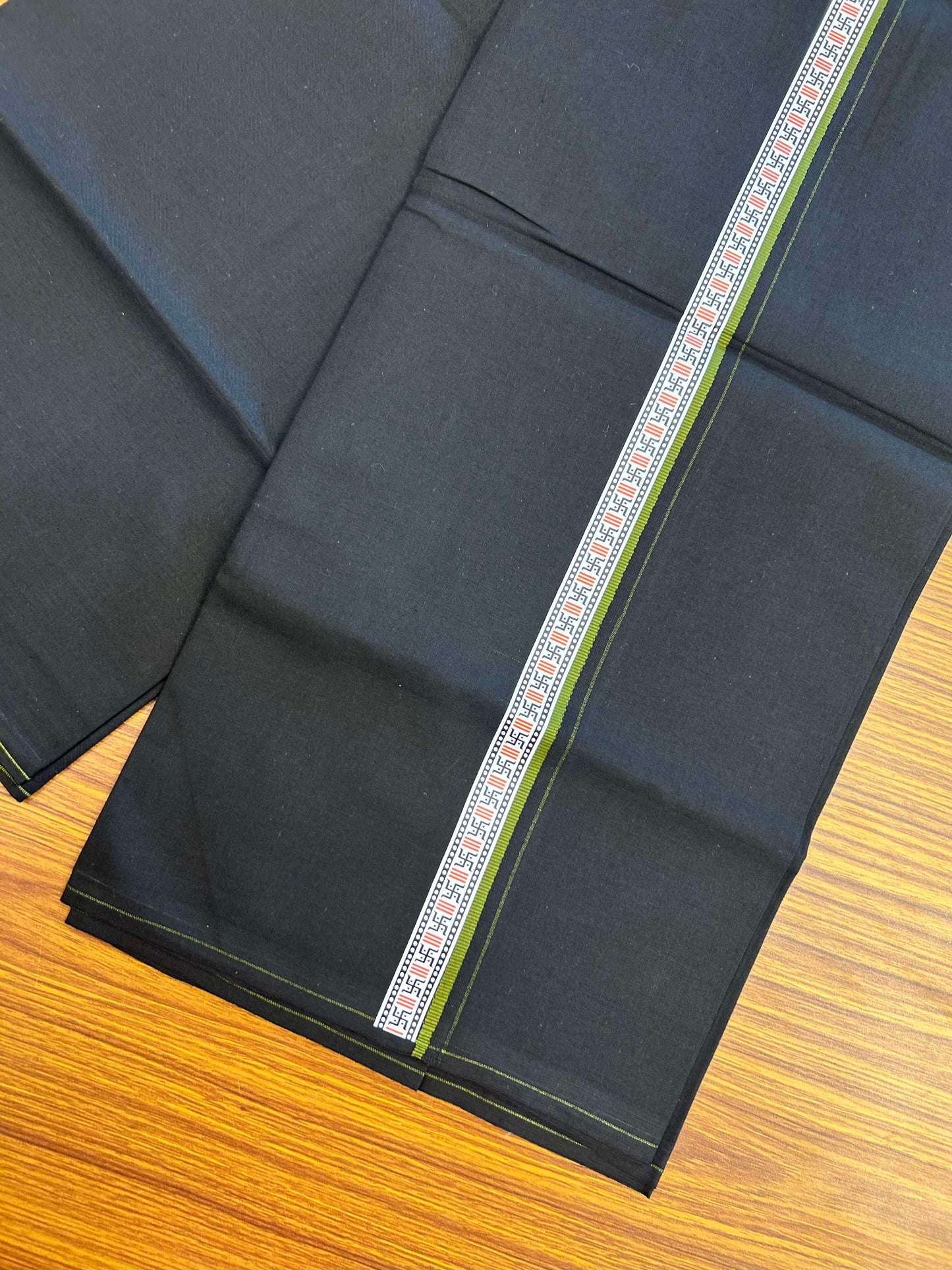 39% Discount! Kaitharikada - Pure Cotton - Single Kaily / Lungi - (60s) - 1 inch Olive Green & Multi colour Pattern Printed Kambi kara with Black colour body (2 meter / 4 muzham) - 1 KK8043 GAN