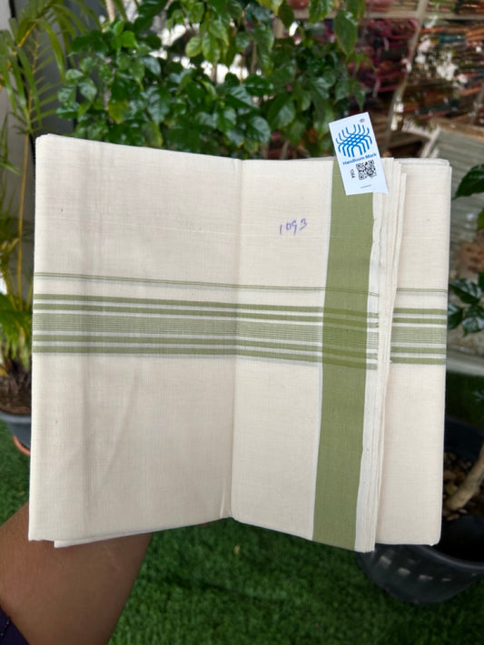 25% Discount KaithariKada HANDLOOM Unakkupaav Balaramapuram - 100% PURE Cotton off white (Unbleached) Double Mundu/Dhoti - 80X90 - 1.25 inch Light Green Stripes Kara 3.80 mtr - 6KK5192ELA
