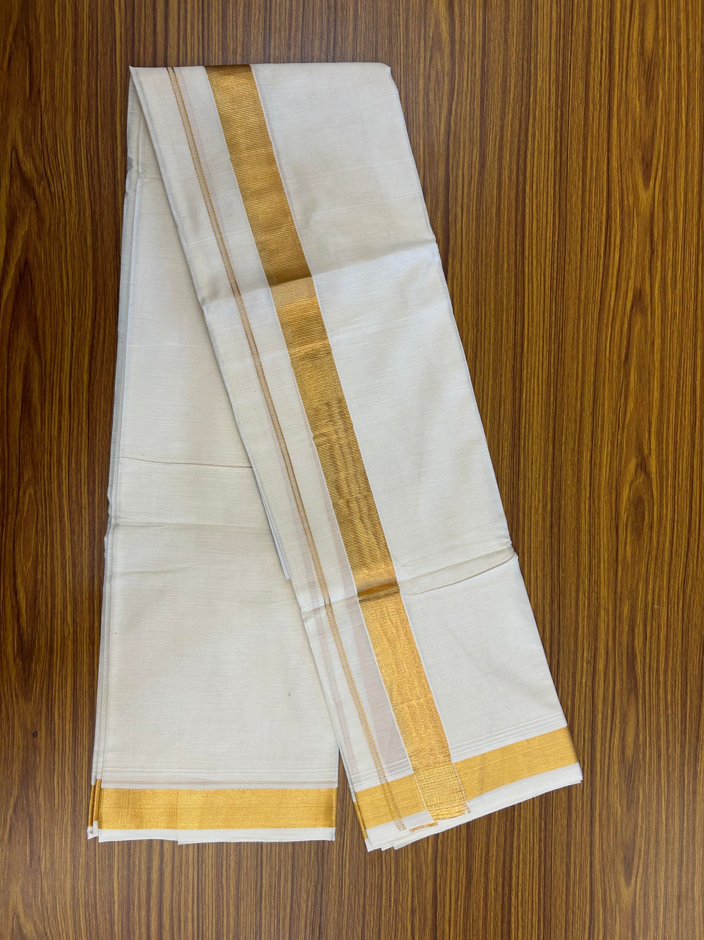 20% Discount ! KaithariKada  Balaramapuram - 100% Pure Cotton Off White - (Unbleached) Double Mundu/Dhoti - 100X80 - 1.5 inch Gold Kasav Kara 4.00 M (8.5 Muzham) - 91 KK5364 MC