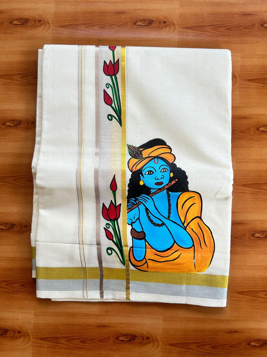 Double Off White (Unbleached) Mundu/Dhoti - 20% Discount!! KaithariKada Pure Cotton (80s) - 1.5 inch Gold & Silver Kasav Kara with Lotus & Lord Krishna Mural Painting 3.90 mtr (8.5 Muzham) - 30 KK5487 CKS