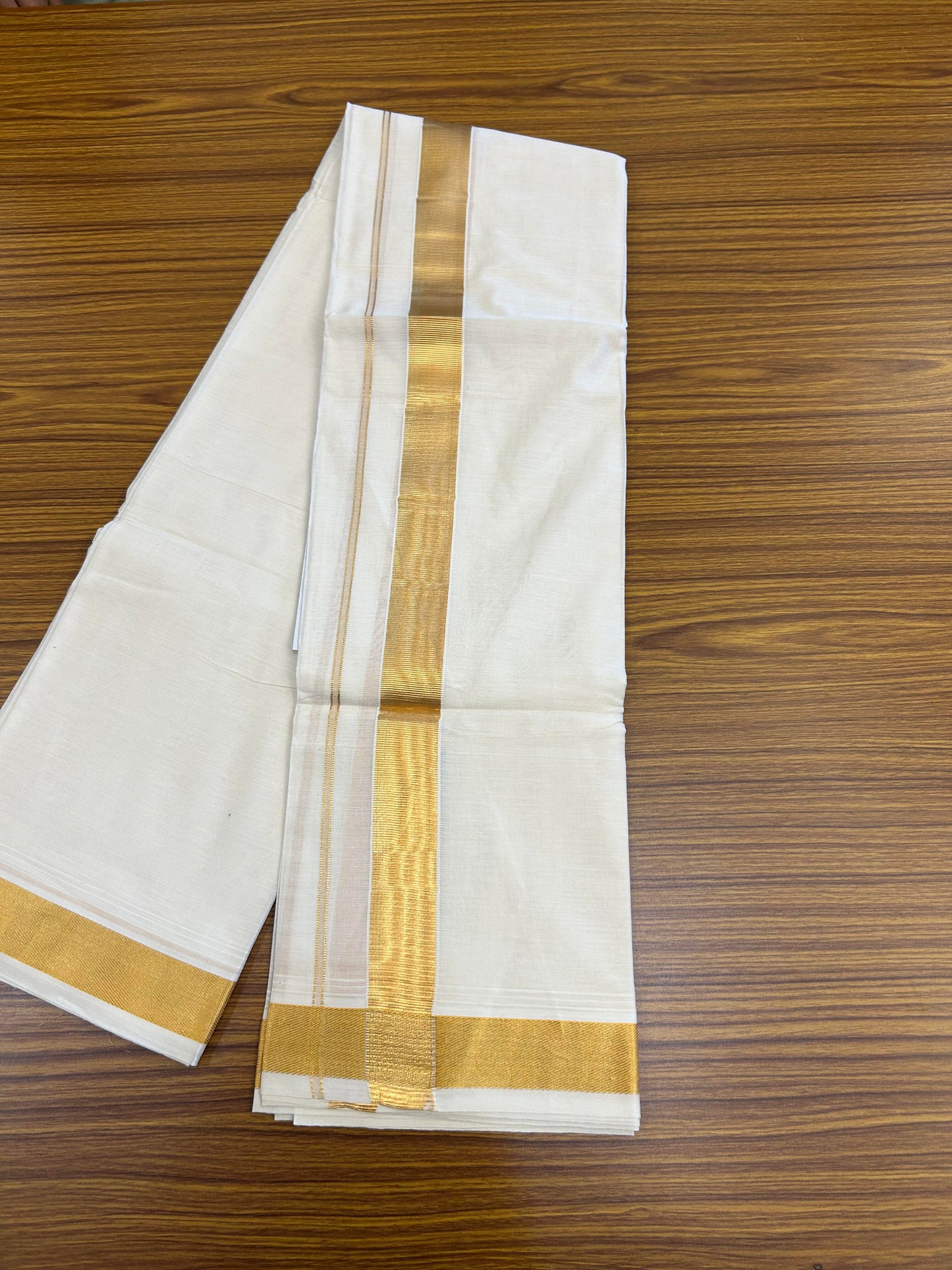 20% Discount ! KaithariKada  Balaramapuram - 100% Pure Cotton Off White - (Unbleached) Double Mundu/Dhoti - 100X80 - 1.5 inch Gold Kasav Kara 4.00 M (8.5 Muzham) - 91 KK5364 MC
