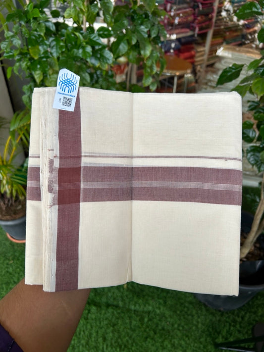 25% Discount KaithariKada HANDLOOM Unakkupaav Balaramapuram - 100% PURE Cotton off white (Unbleached) Double Mundu/Dhoti - 80X90 - 1.75 inch Brown Center Stripes Kara 3.80 mtr - 14KK5192ELA