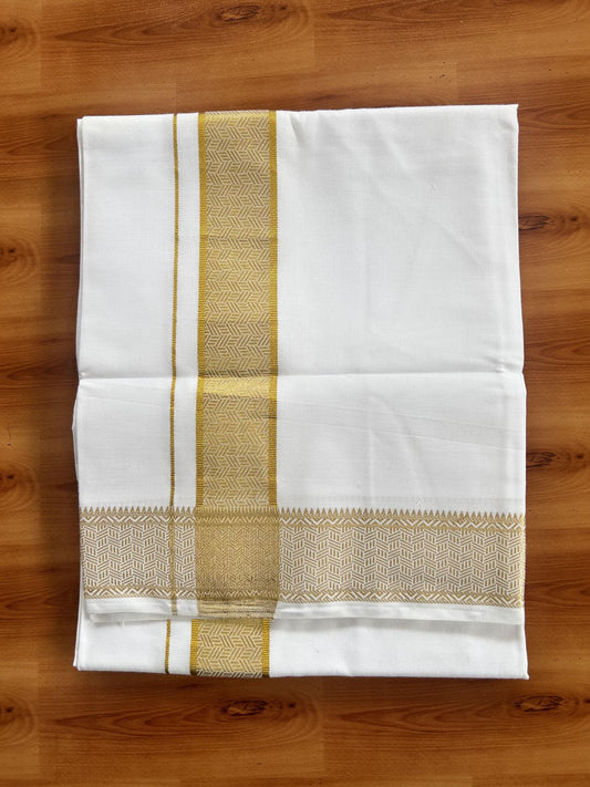 Single Pure White Mundu/Dhoti - 20% Discount!! Kaitharikada Balaramapuram Pure Cotton - 40s - 1.75 inch Gold Kasav Jacquard Design Kara 2 mtr (4 muzham) - 19 KK5405 GAN