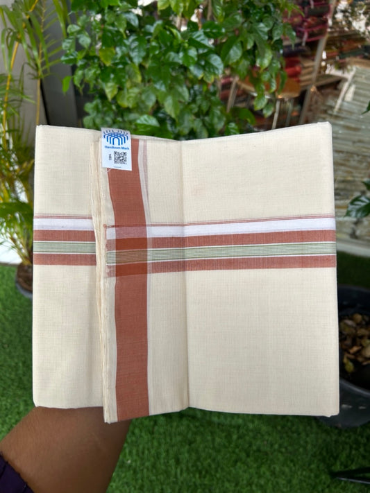 25% Discount KaithariKada HANDLOOM Unakkupaav Balaramapuram - 100% PURE Cotton off white (Unbleached) Double Mundu/Dhoti - 80X90 - 1.5 inch Cinnamon Brown & Green Center Stripes Kara 3.80 mtr - 13KK5192ELA
