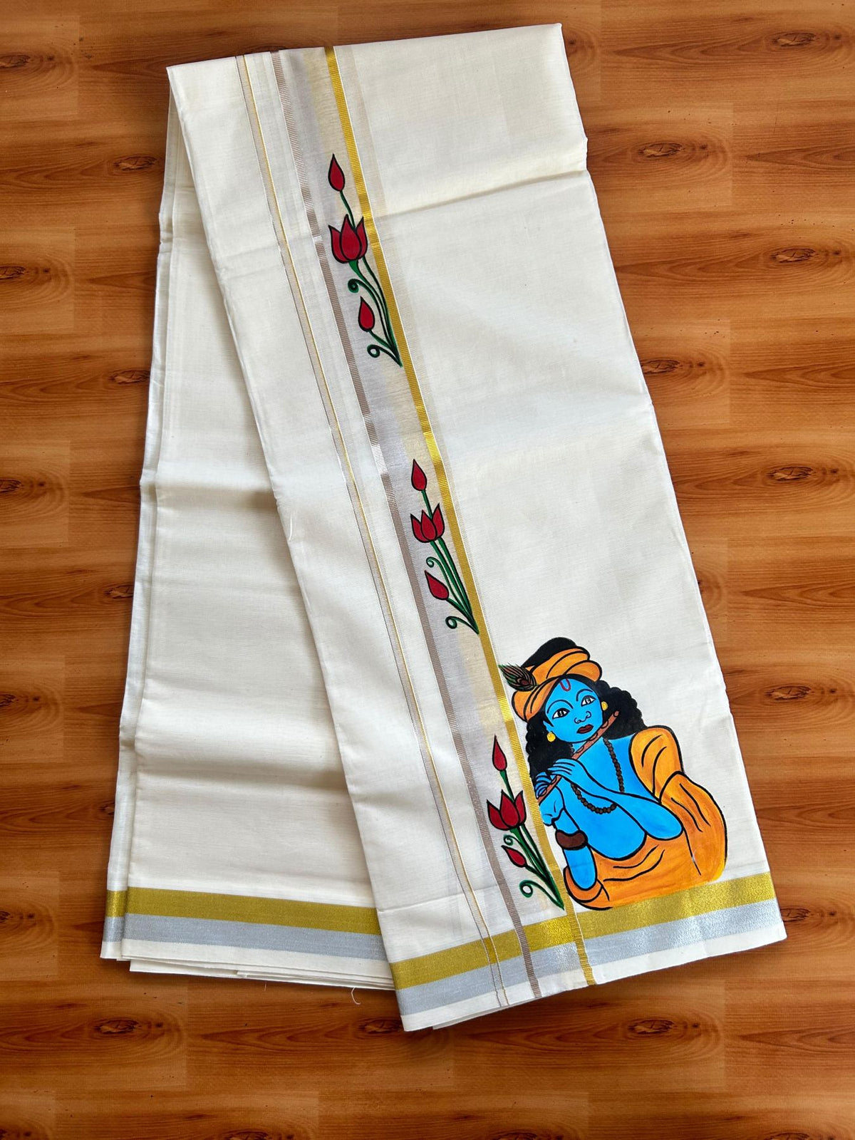 Double Off White (Unbleached) Mundu/Dhoti - 20% Discount!! KaithariKada Pure Cotton (80s) - 1.5 inch Gold & Silver Kasav Kara with Lotus & Lord Krishna Mural Painting 3.90 mtr (8.5 Muzham) - 30 KK5487 CKS