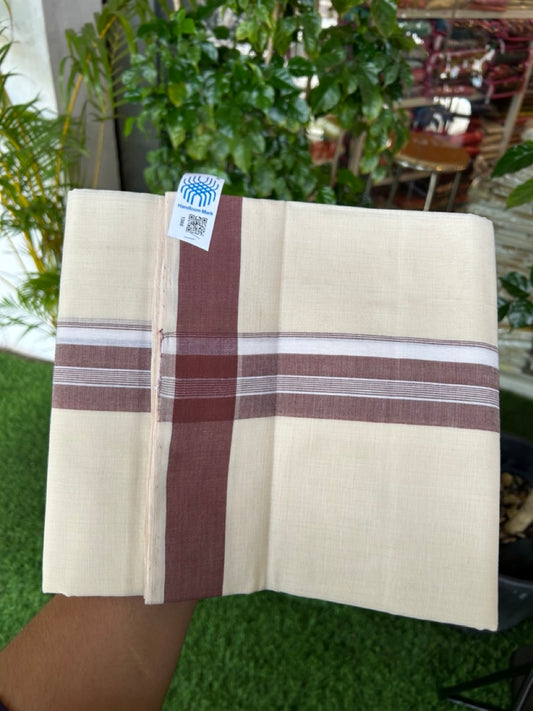 25% Discount KaithariKada HANDLOOM Unakkupaav Balaramapuram - 100% PURE Cotton off white (Unbleached) Double Mundu/Dhoti - 80X90 - 1.5 inch Light Brown Center Stripes Kara 3.80 mtr - 12KK5192ELA