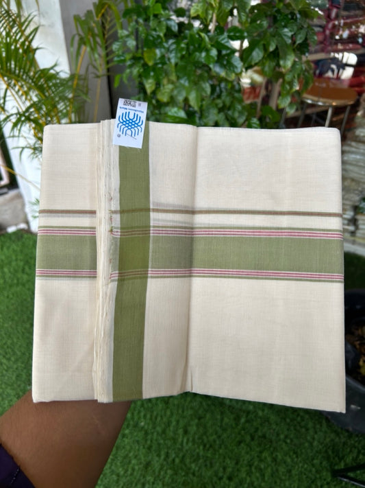 25% Discount KaithariKada HANDLOOM Unakkupaav Balaramapuram - 100% PURE Cotton off white (Unbleached) Double Mundu/Dhoti - 80X90 - 1.75 inch Light Green & Magenta Stripes Kara 3.80 mtr - 10KK5192ELA