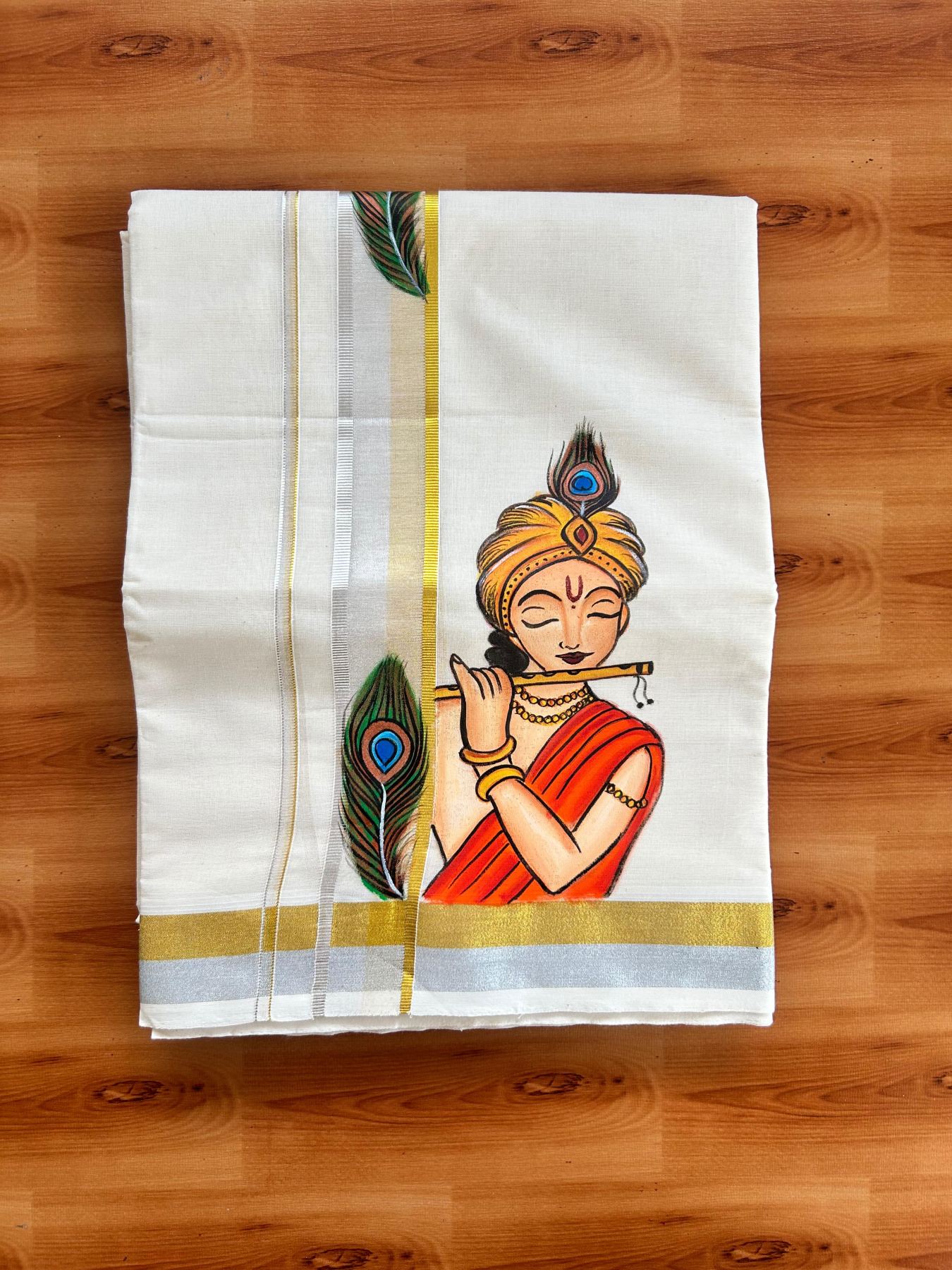 Double Off White (Unbleached) Mundu/Dhoti - 20% Discount!! KaithariKada Pure Cotton (80s) - 1.5 inch Gold & Silver Kasav Kara with Peacock Feather & Lord Krishna Mural Painting 3.90 mtr (8.5 Muzham) - 28 KK5487 CKS