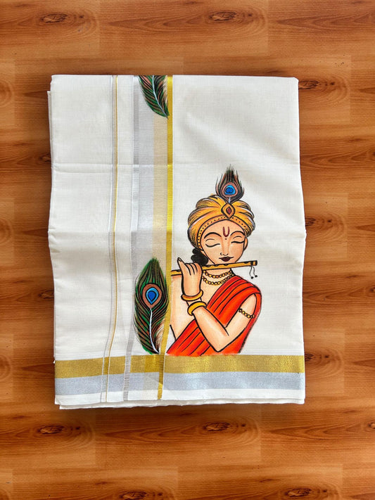 Double Off White (Unbleached) Mundu/Dhoti - 20% Discount!! KaithariKada Pure Cotton (80s) - 1.5 inch Gold & Silver Kasav Kara with Peacock Feather & Lord Krishna Mural Painting 3.90 mtr (8.5 Muzham) - 28 KK5487 CKS