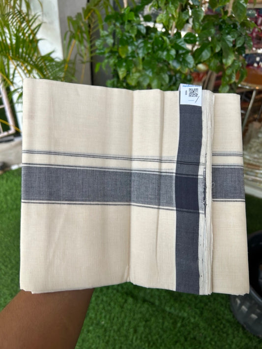 25% Discount KaithariKada HANDLOOM Unakkupaav Balaramapuram - 100% PURE Cotton off white (Unbleached) Double Mundu/Dhoti - 80X90 - 1.75 inch Black Stripes Kara 3.80 mtr - 9KK5192ELA
