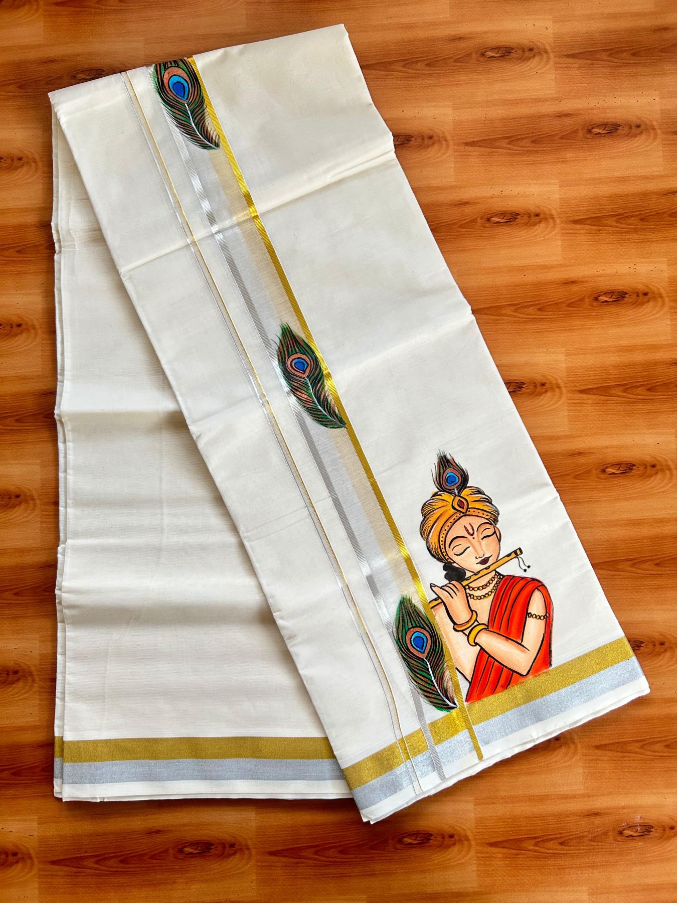 Double Off White (Unbleached) Mundu/Dhoti - 20% Discount!! KaithariKada Pure Cotton (80s) - 1.5 inch Gold & Silver Kasav Kara with Peacock Feather & Lord Krishna Mural Painting 3.90 mtr (8.5 Muzham) - 28 KK5487 CKS