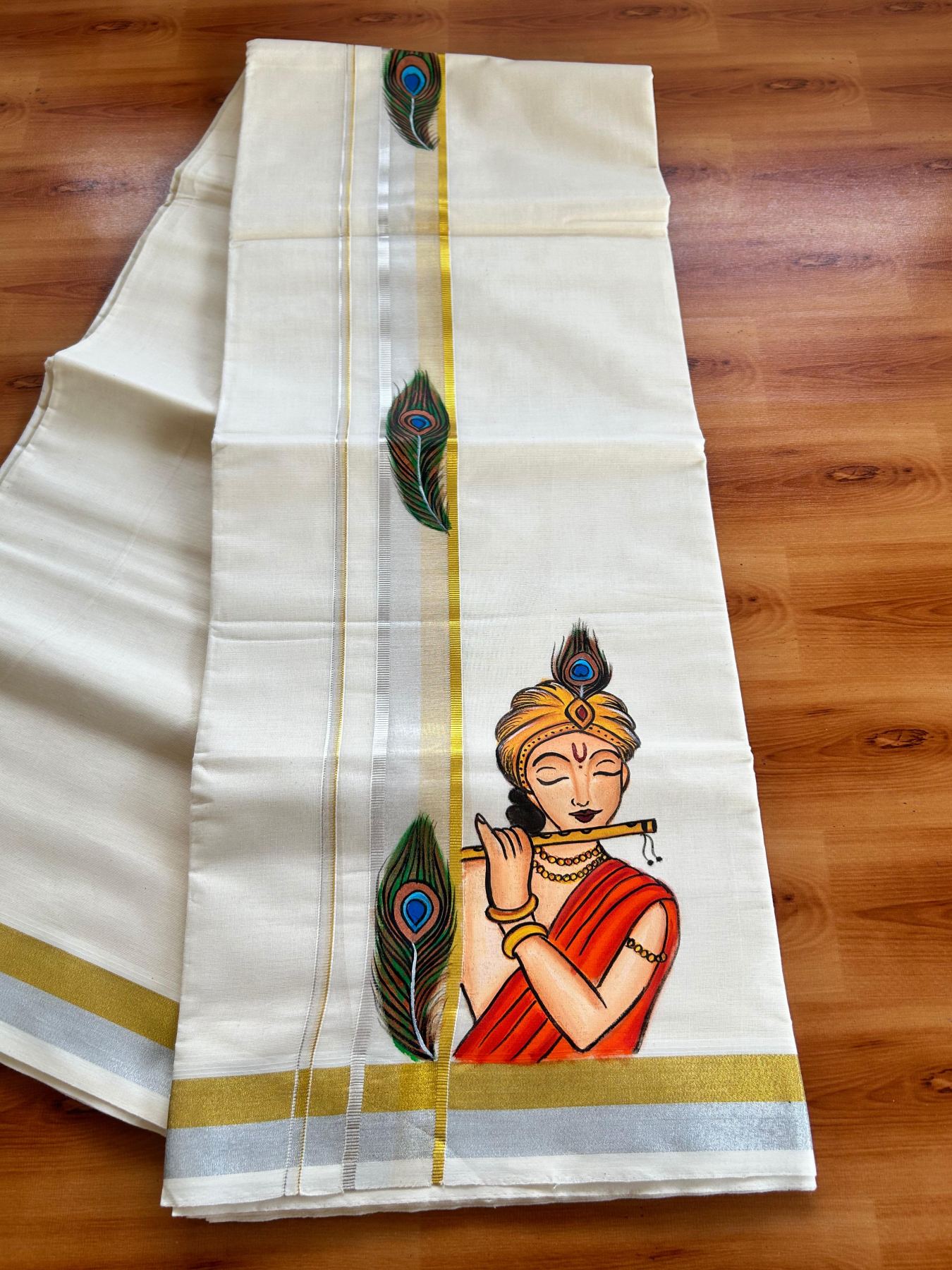 Double Off White (Unbleached) Mundu/Dhoti - 20% Discount!! KaithariKada Pure Cotton (80s) - 1.5 inch Gold & Silver Kasav Kara with Peacock Feather & Lord Krishna Mural Painting 3.90 mtr (8.5 Muzham) - 28 KK5487 CKS