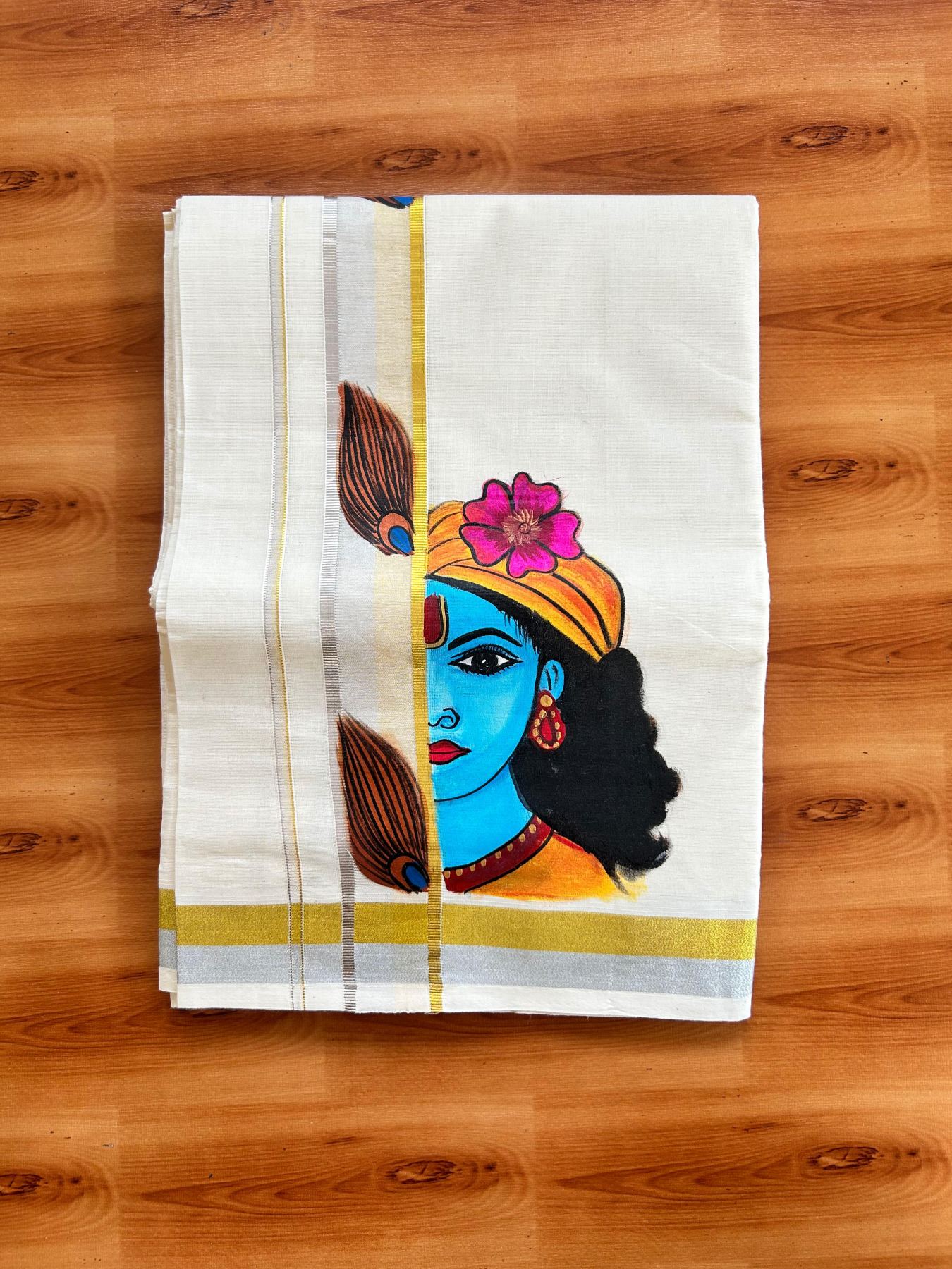 Double Off White (Unbleached) Mundu/Dhoti - 20% Discount!! KaithariKada Pure Cotton (80s) - 1.5 inch Gold & Silver Kasav Kara with Peacock Feather & Lord Krishna Mural Painting 3.90 mtr (8.5 Muzham) - 29 KK5487 CKS