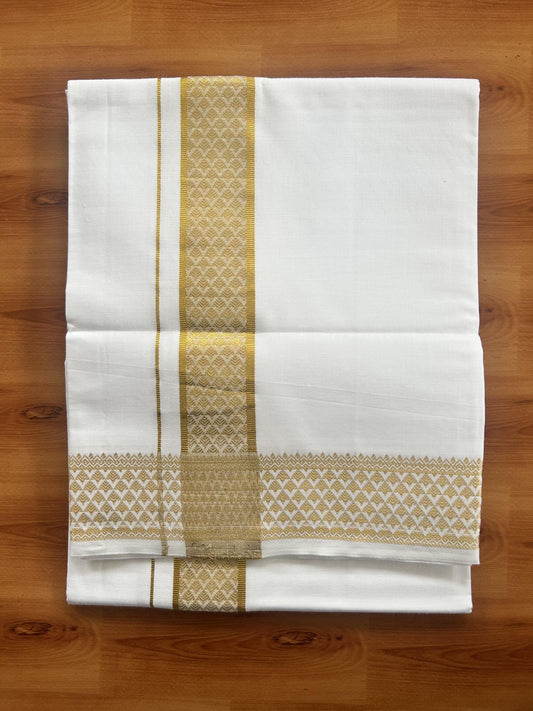 Single Pure White Mundu/Dhoti - 20% Discount!! Kaitharikada Balaramapuram Pure Cotton - 40s - 1.75 inch Gold Kasav Jacquard Design Kara 2 mtr (4 muzham) - 17 KK5405 GAN