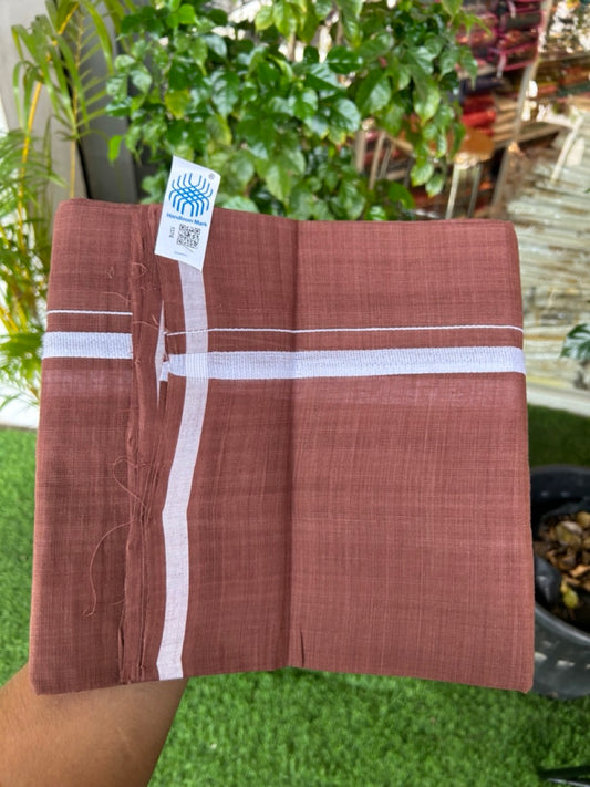 10% Discount !! KaithariKada 100% Pure Cotton - HANDLOOM Single Mundu/Dhoti Dark Brown COLOUR BODY & White 0.5 inch Kara (2 meter / 4 muzham) - 15KK8020ELA