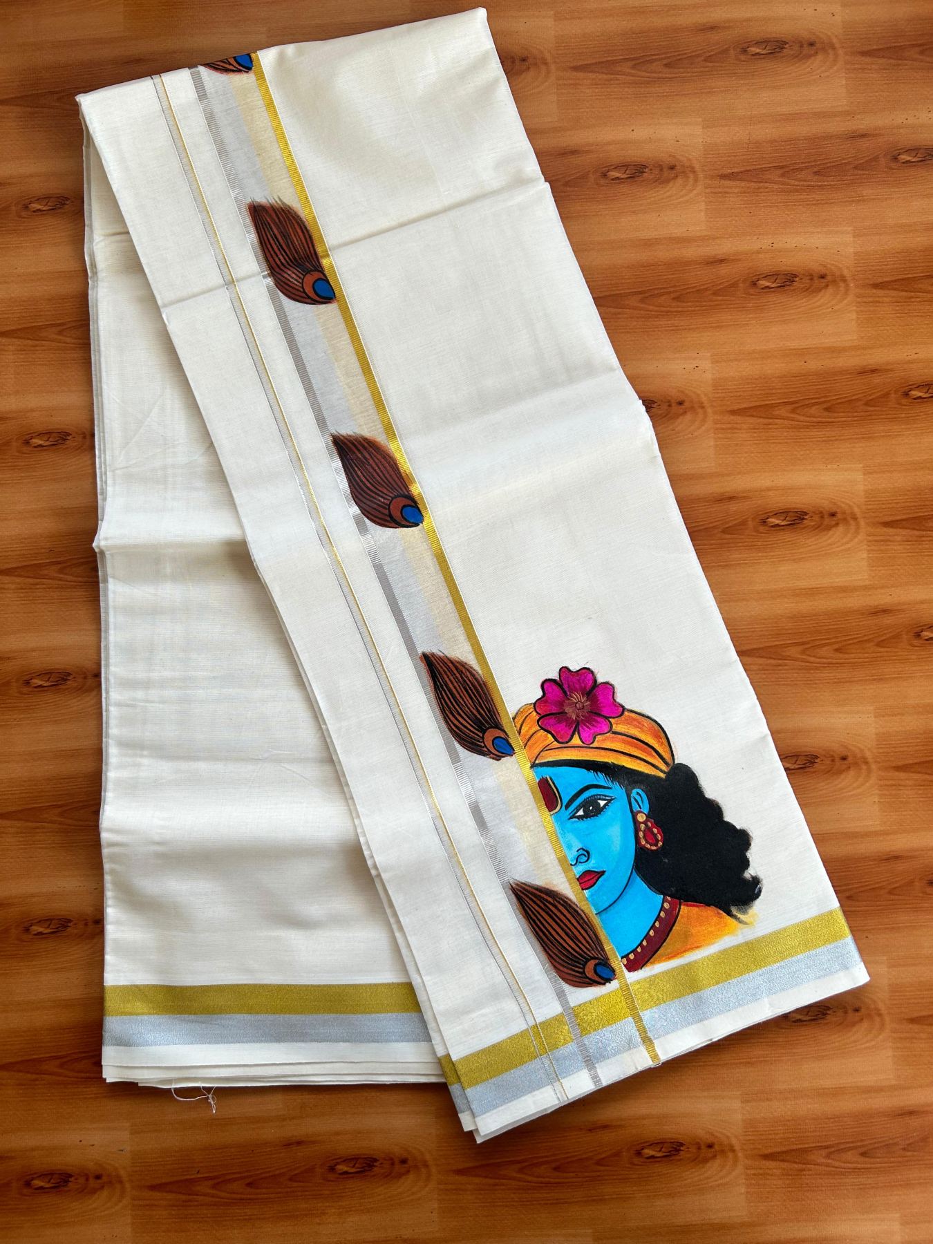 Double Off White (Unbleached) Mundu/Dhoti - 20% Discount!! KaithariKada Pure Cotton (80s) - 1.5 inch Gold & Silver Kasav Kara with Peacock Feather & Lord Krishna Mural Painting 3.90 mtr (8.5 Muzham) - 29 KK5487 CKS
