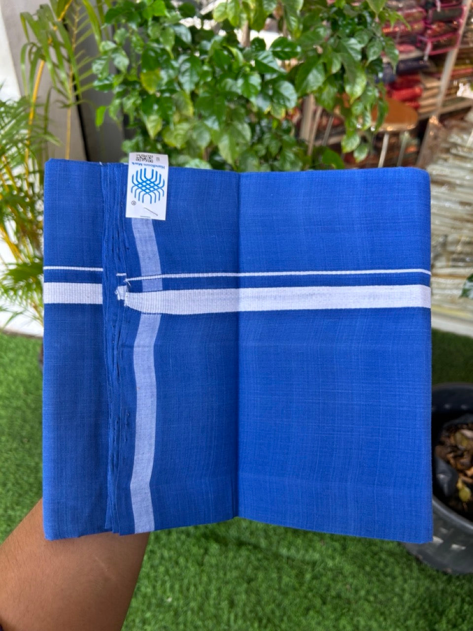 10% Discount !! KaithariKada 100% Pure Cotton - HANDLOOM Single Mundu/Dhoti Blue COLOUR BODY & White 0.5 inch Kara (2 meter / 4 muzham) - 16KK8020ELA