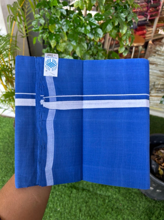 10% Discount !! KaithariKada 100% Pure Cotton - HANDLOOM Single Mundu/Dhoti Blue COLOUR BODY & White 0.5 inch Kara (2 meter / 4 muzham) - 16KK8020ELA