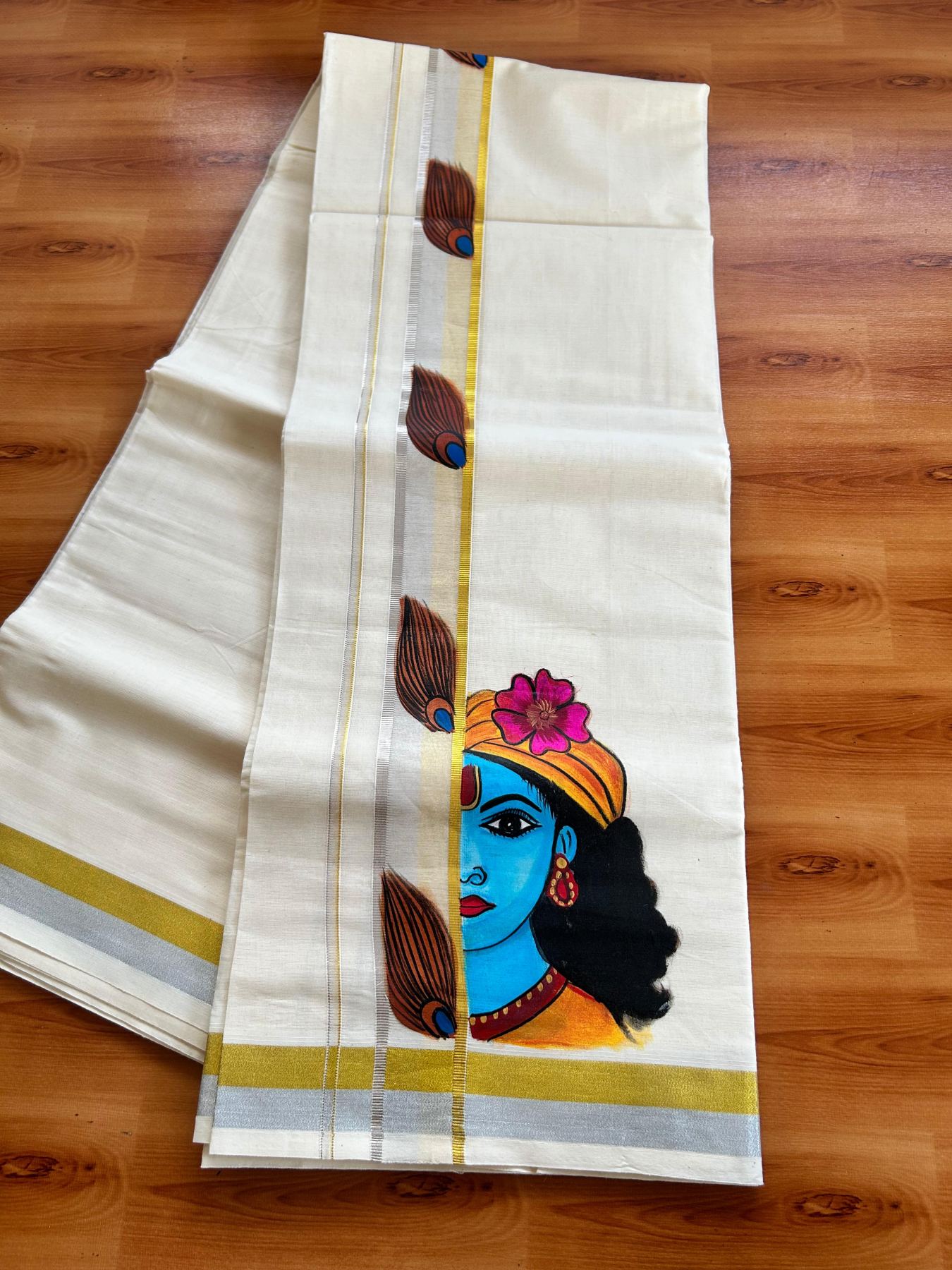 Double Off White (Unbleached) Mundu/Dhoti - 20% Discount!! KaithariKada Pure Cotton (80s) - 1.5 inch Gold & Silver Kasav Kara with Peacock Feather & Lord Krishna Mural Painting 3.90 mtr (8.5 Muzham) - 29 KK5487 CKS